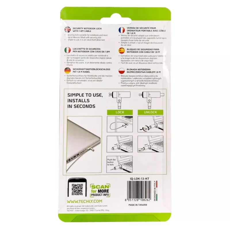 Sistema de segurança Techly Wedge-Lock fechadura para cabo de portátil 1,8 m
