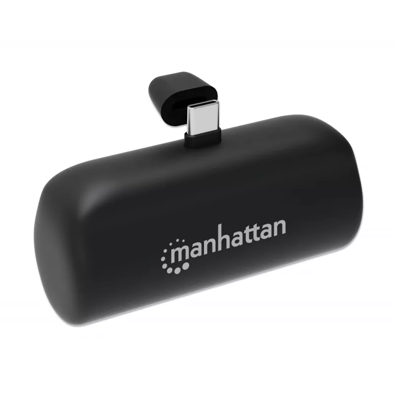 Powerbank Manhattan com ficha USB-C integrada, 5000 mAh, até 20 W de potência de saída, kickstand para utilização como suporte de carregamento de telemóvel, preto, um ano de garantia