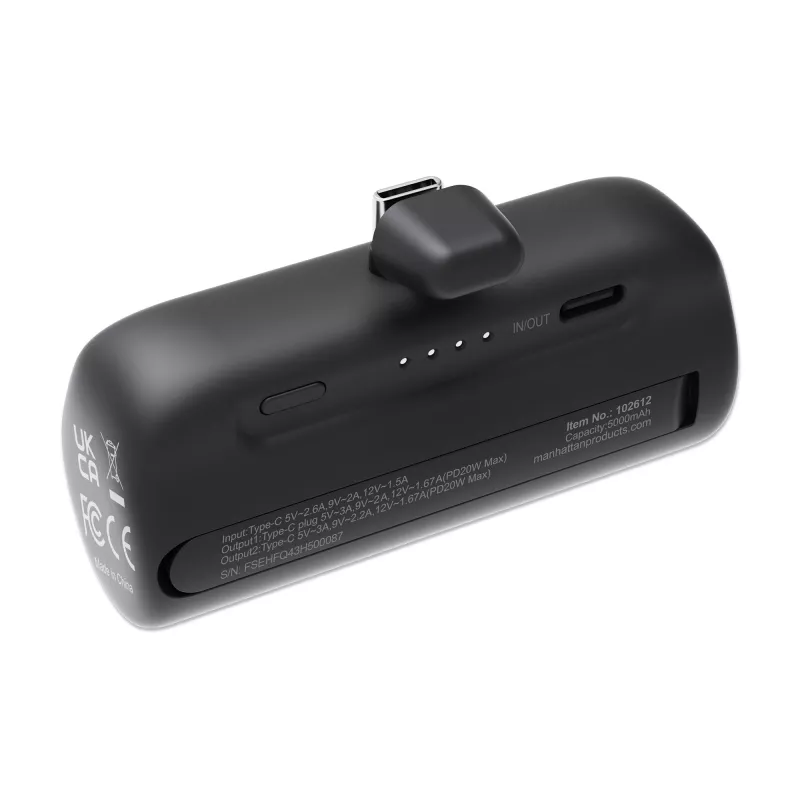 Powerbank Manhattan com ficha USB-C integrada, 5000 mAh, até 20 W de potência de saída, kickstand para utilização como suporte de carregamento de telemóvel, preto, um ano de garantia