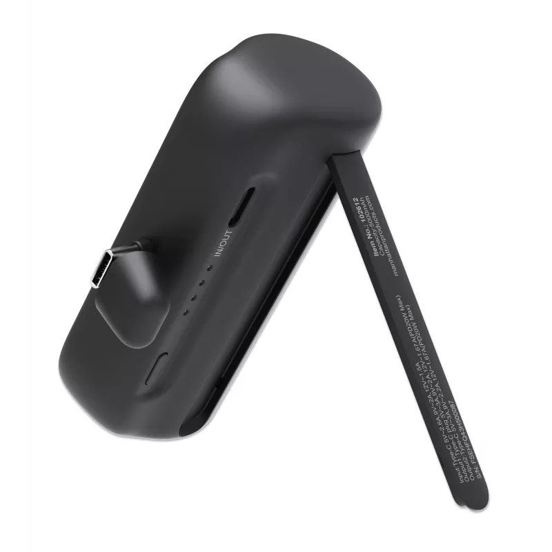 Powerbank Manhattan com ficha USB-C integrada, 5000 mAh, até 20 W de potência de saída, kickstand para utilização como suporte de carregamento de telemóvel, preto, um ano de garantia