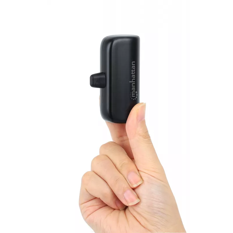 Powerbank Manhattan com ficha USB-C integrada, 5000 mAh, até 20 W de potência de saída, kickstand para utilização como suporte de carregamento de telemóvel, preto, um ano de garantia
