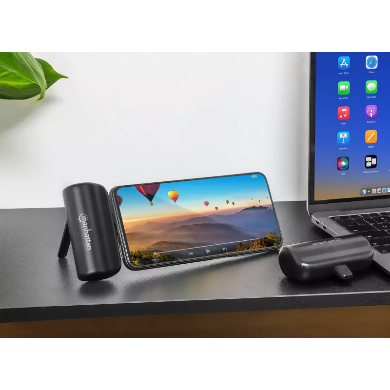 Powerbank Manhattan com ficha USB-C integrada, 5000 mAh, até 20 W de potência de saída, kickstand para utilização como suporte de carregamento de telemóvel, preto, um ano de garantia