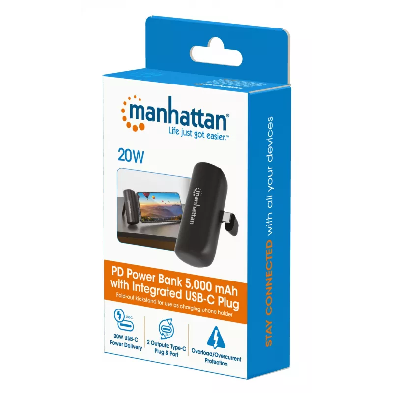 Powerbank Manhattan com ficha USB-C integrada, 5000 mAh, até 20 W de potência de saída, kickstand para utilização como suporte de carregamento de telemóvel, preto, um ano de garantia
