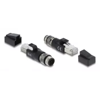 Adaptador M12 codificado D de 4 pinos (macho) para ficha RJ45, DELOCK 90831, contactos dourados, preto