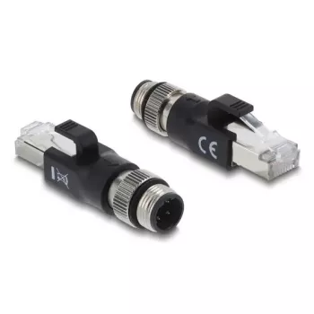 Adaptador M12 codificado D de 4 pinos (macho) para ficha RJ45, DELOCK 90831, contactos dourados, preto