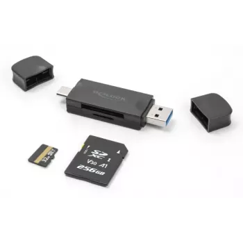Leitor de cartões DELOCK USB 5 Gbps USB Type-C / Type-A para SD e MicroSD, preto, 5000 Mbit/s, 21×77×10 mm