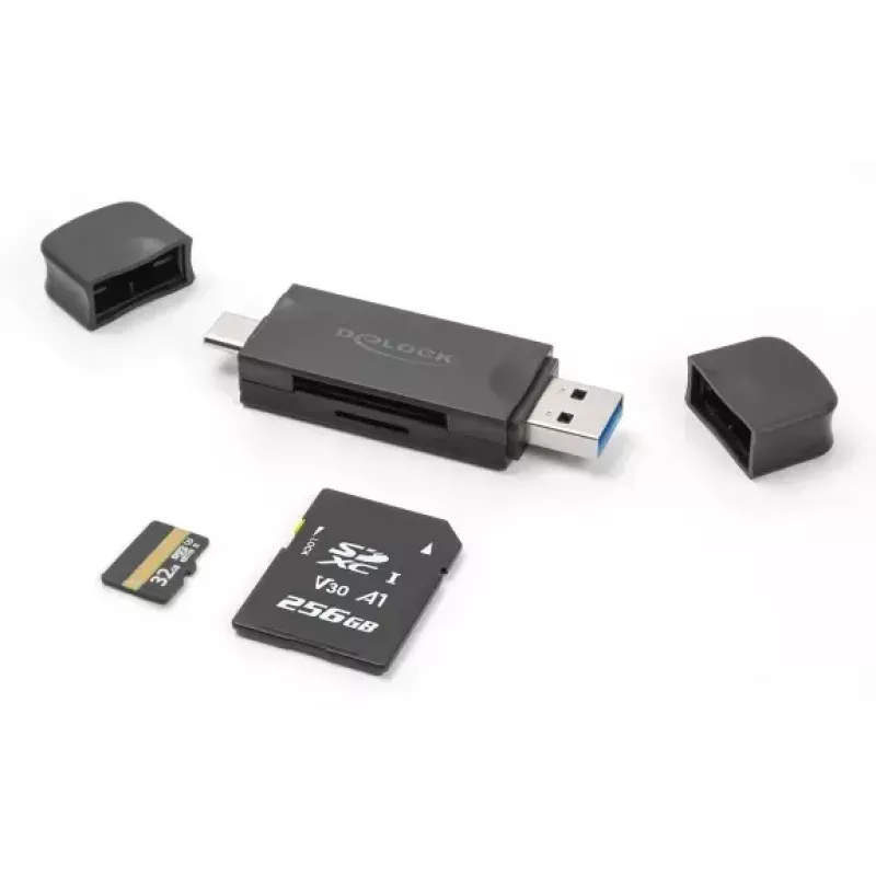Leitor de cartões DELOCK USB 5 Gbps USB Type-C / Type-A para SD e MicroSD, preto, 5000 Mbit/s, 21×77×10 mm