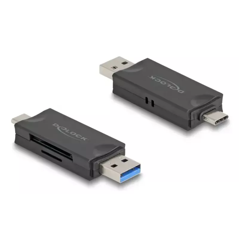 Leitor de cartões DELOCK USB 5 Gbps USB Type-C / Type-A para SD e MicroSD, preto, 5000 Mbit/s, 21×77×10 mm