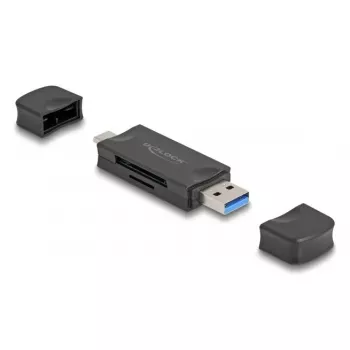 Leitor de cartões DELOCK USB 5 Gbps USB Type-C / Type-A para SD e MicroSD, preto, 5000 Mbit/s, 21×77×10 mm