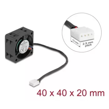 Ventoinha para caixa de computador DELOCK 67299 — 40 x 40 x 20 mm, 24 V DC, rolamento de esferas, 0,19 m³/h, preto