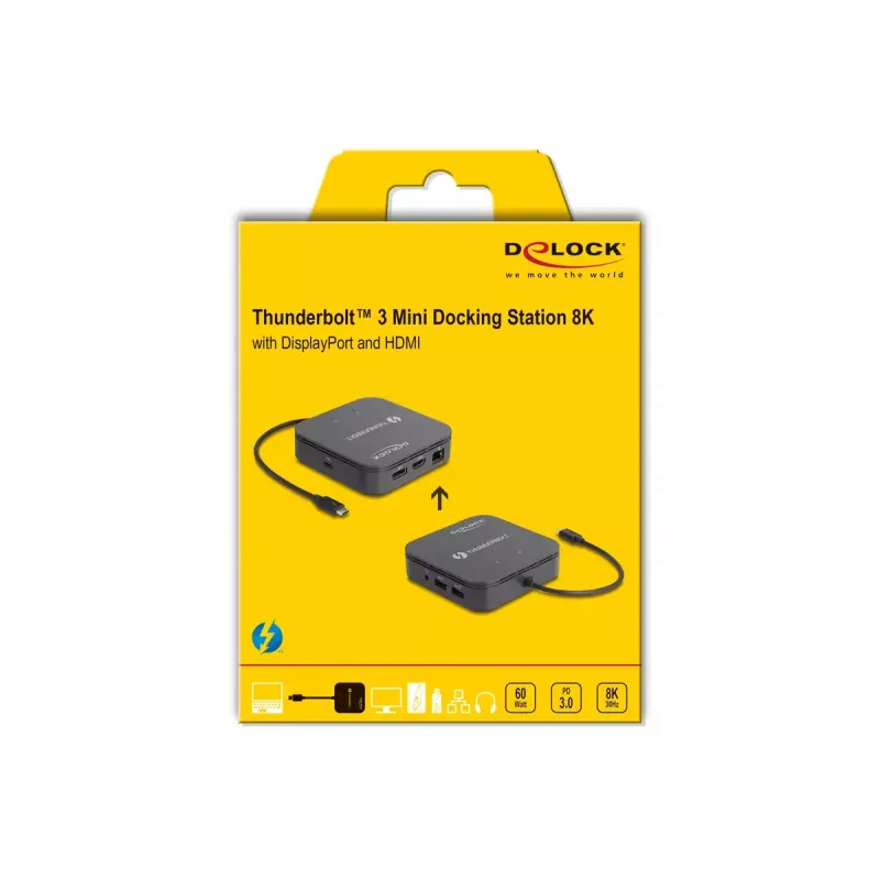 Mini docking station DeLOCK Thunderbolt 3 8K DisplayPort HDMI USB LAN áudio PD 3.0