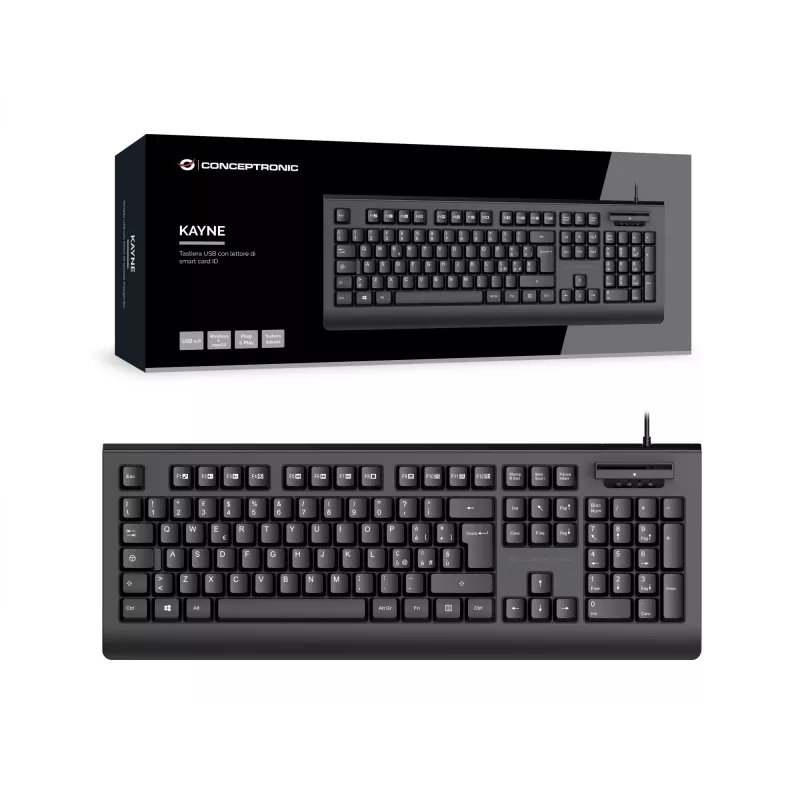CONCEPTRONIC Teclado USB com leitor de cartões Smart-ID KAYNE01IT — tamanho completo 105 teclas, layout italiano, com fio, cabo de 1,5 m, preto