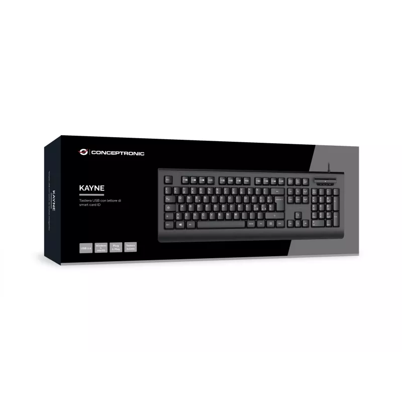CONCEPTRONIC Teclado USB com leitor de cartões Smart-ID KAYNE01IT — tamanho completo 105 teclas, layout italiano, com fio, cabo de 1,5 m, preto