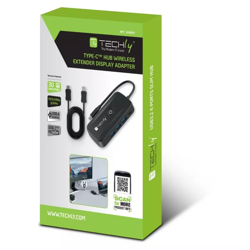 Techly IDATA USBC-HUB5WL Extensor AV Transmissor e recetor AV preto