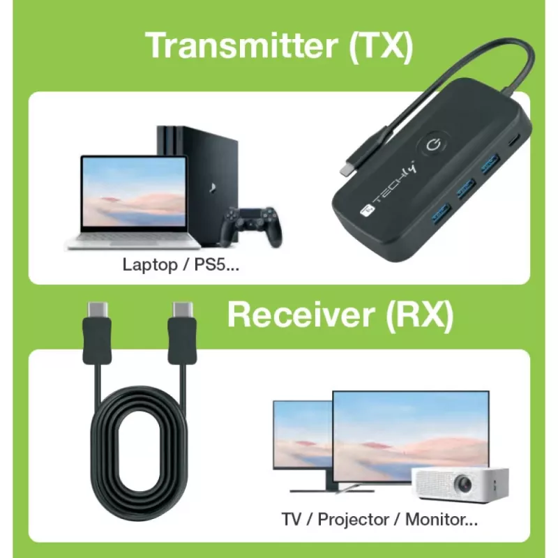 Techly IDATA USBC-HUB5WL Extensor AV Transmissor e recetor AV preto