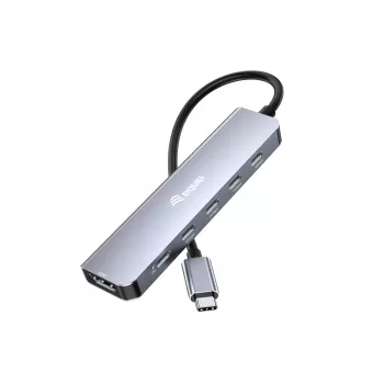 Adaptador multifunções EQUIP USB-C 6 em 1 — HDMI 4K/60Hz, 4× USB-C Gen2 (10Gbps), 100W PD, cabo 0,25 m, cinzento