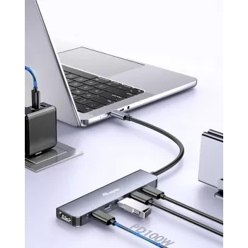 Adaptador multifunções EQUIP USB-C 6 em 1 — HDMI 4K/60Hz, 4× USB-C Gen2 (10Gbps), 100W PD, cabo 0,25 m, cinzento