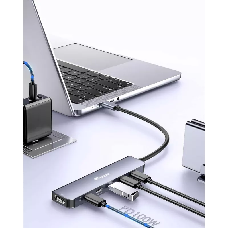 Adaptador multifunções EQUIP USB-C 6 em 1 — HDMI 4K/60Hz, 4× USB-C Gen2 (10Gbps), 100W PD, cabo 0,25 m, cinzento