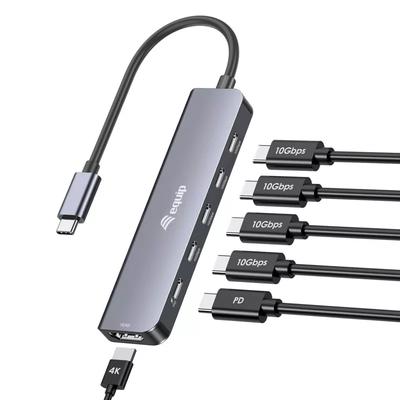 Adaptador multifunções EQUIP USB-C 6 em 1 — HDMI 4K/60Hz, 4× USB-C Gen2 (10Gbps), 100W PD, cabo 0,25 m, cinzento