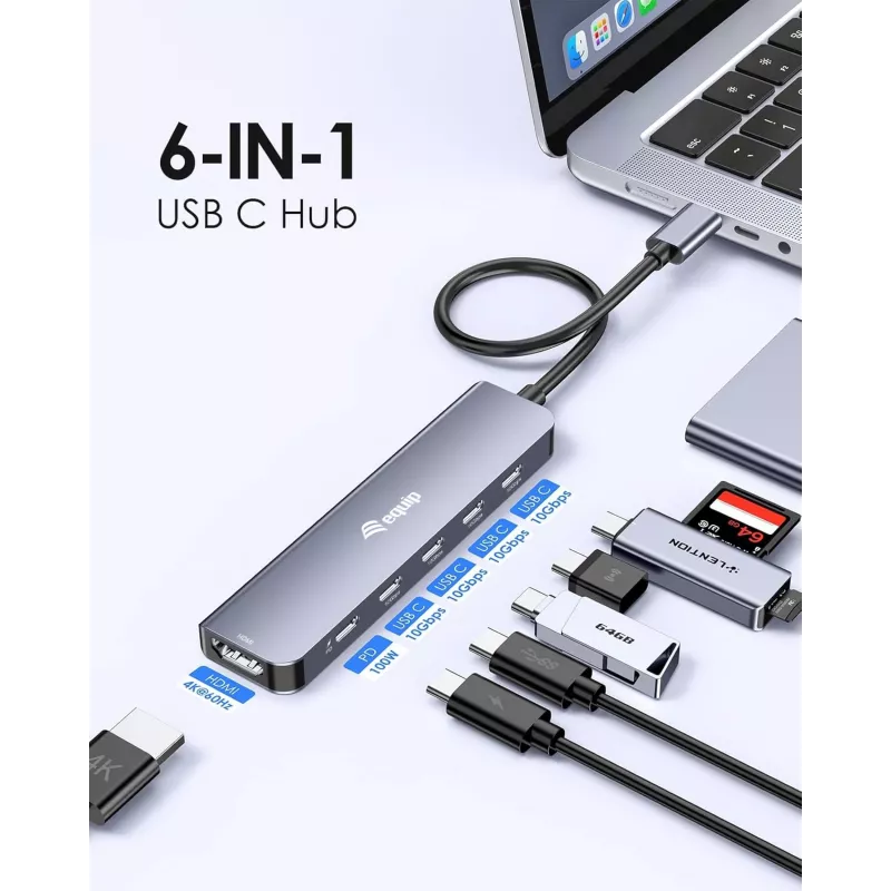 Adaptador multifunções EQUIP USB-C 6 em 1 — HDMI 4K/60Hz, 4× USB-C Gen2 (10Gbps), 100W PD, cabo 0,25 m, cinzento