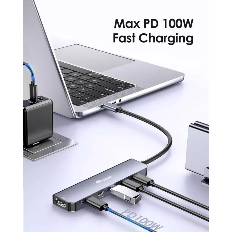 Adaptador multifunções EQUIP USB-C 6 em 1 — HDMI 4K/60Hz, 4× USB-C Gen2 (10Gbps), 100W PD, cabo 0,25 m, cinzento