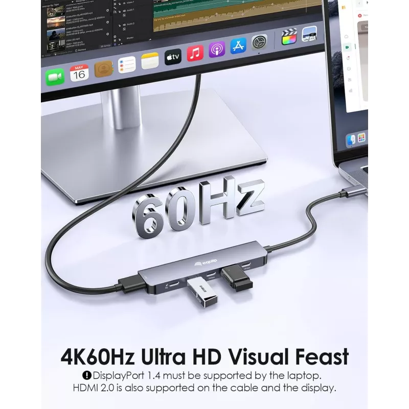 Adaptador multifunções EQUIP USB-C 6 em 1 — HDMI 4K/60Hz, 4× USB-C Gen2 (10Gbps), 100W PD, cabo 0,25 m, cinzento