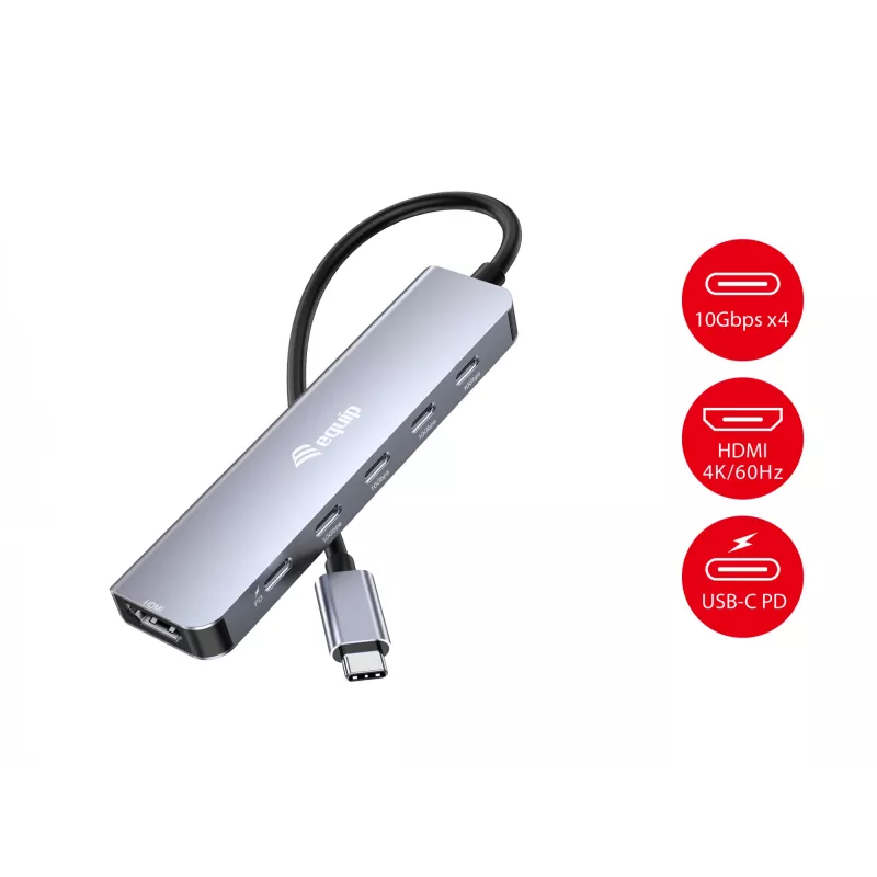 Adaptador multifunções EQUIP USB-C 6 em 1 — HDMI 4K/60Hz, 4× USB-C Gen2 (10Gbps), 100W PD, cabo 0,25 m, cinzento
