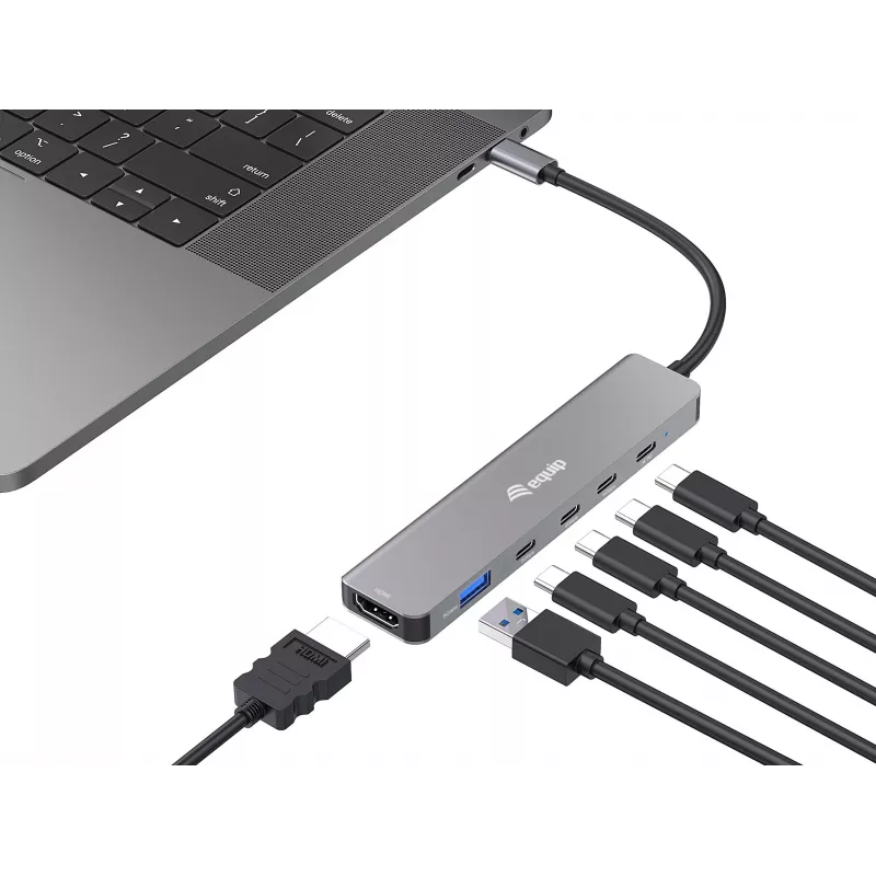 Adaptador multifunções Equip USB-C 6 em 1, HDMI 4K/30Hz, USB-C x4, USB-A x1, 5Gbps, 100W USB PD
