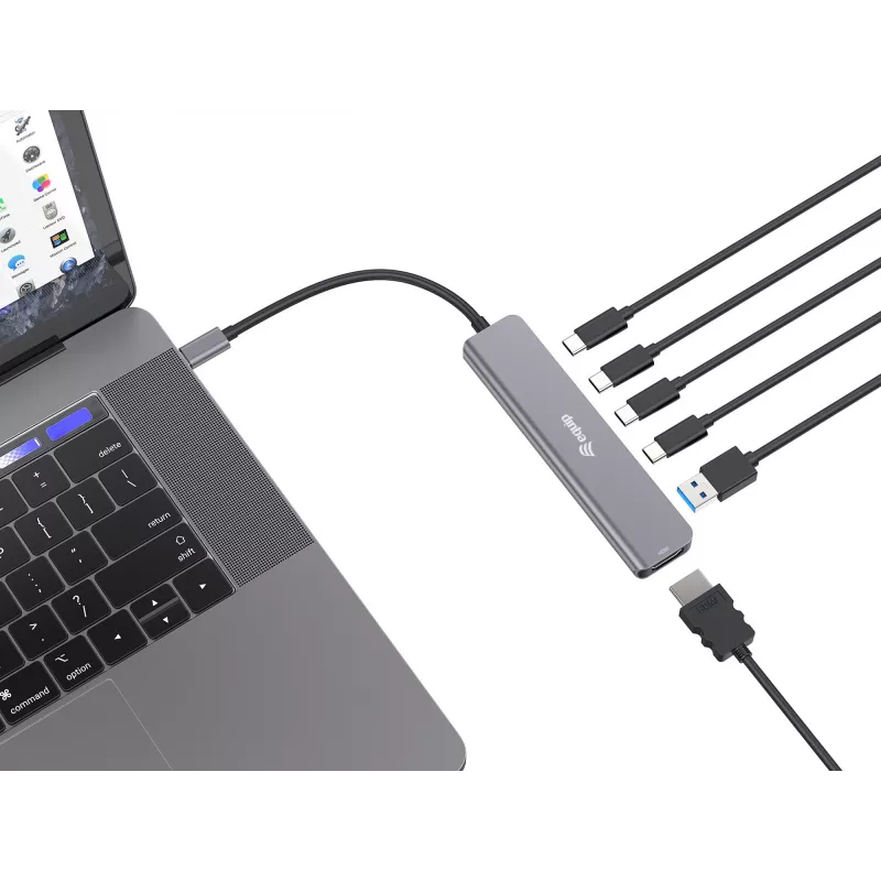 Adaptador multifunções Equip USB-C 6 em 1, HDMI 4K/30Hz, USB-C x4, USB-A x1, 5Gbps, 100W USB PD