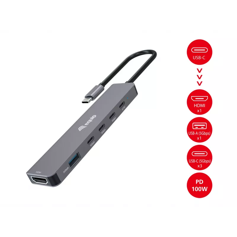 Adaptador multifunções Equip USB-C 6 em 1, HDMI 4K/30Hz, USB-C x4, USB-A x1, 5Gbps, 100W USB PD