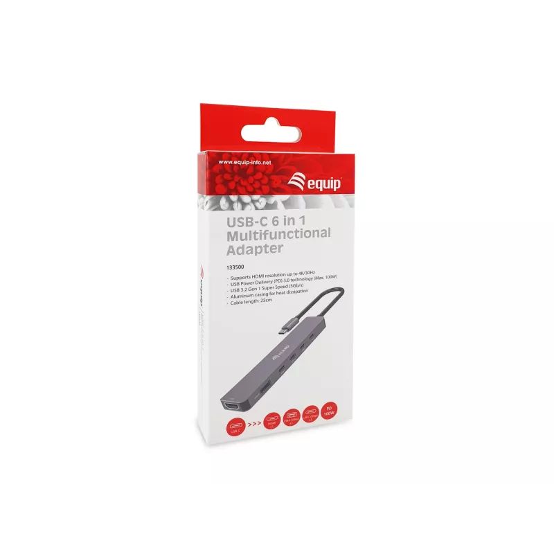 Adaptador multifunções Equip USB-C 6 em 1, HDMI 4K/30Hz, USB-C x4, USB-A x1, 5Gbps, 100W USB PD