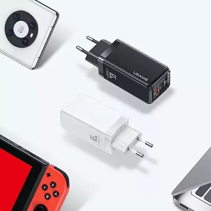 Carregador usams T47 USB / USB‑C 65W PD carregador rápido — 65W USB Power Delivery, portas USB-A + USB-C