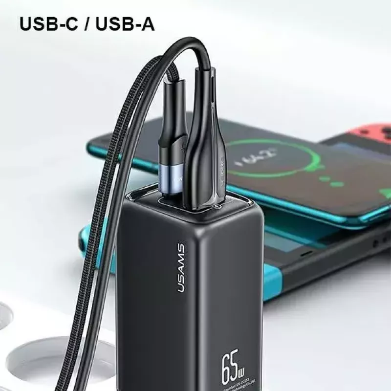 Carregador usams T47 USB / USB‑C 65W PD carregador rápido — 65W USB Power Delivery, portas USB-A + USB-C