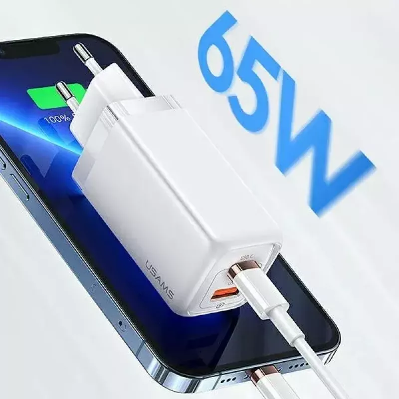 Carregador usams T47 USB / USB‑C 65W PD carregador rápido — 65W USB Power Delivery, portas USB-A + USB-C