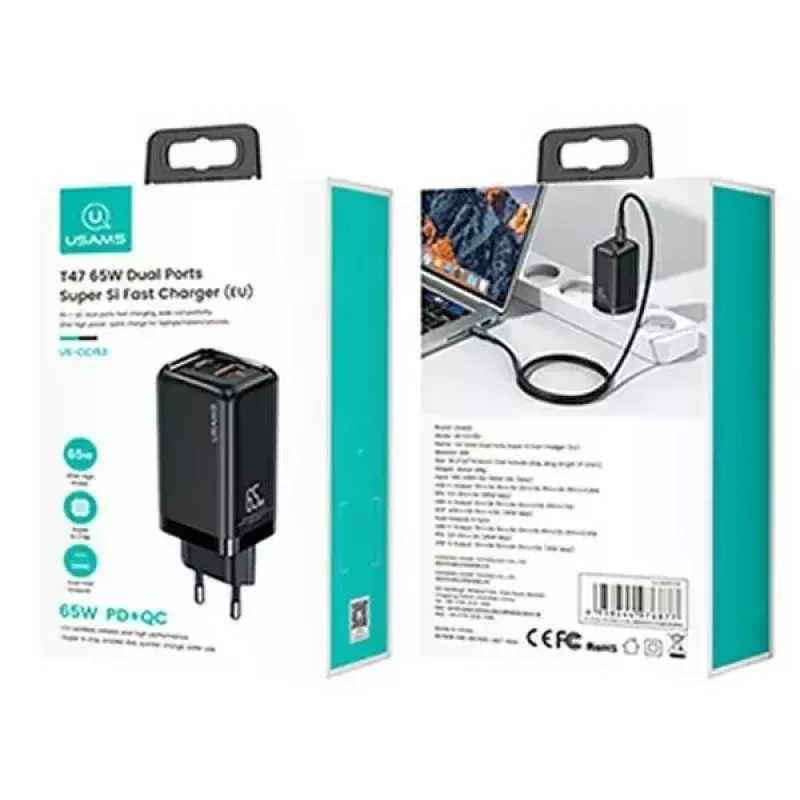 Carregador usams T47 USB / USB‑C 65W PD carregador rápido — 65W USB Power Delivery, portas USB-A + USB-C