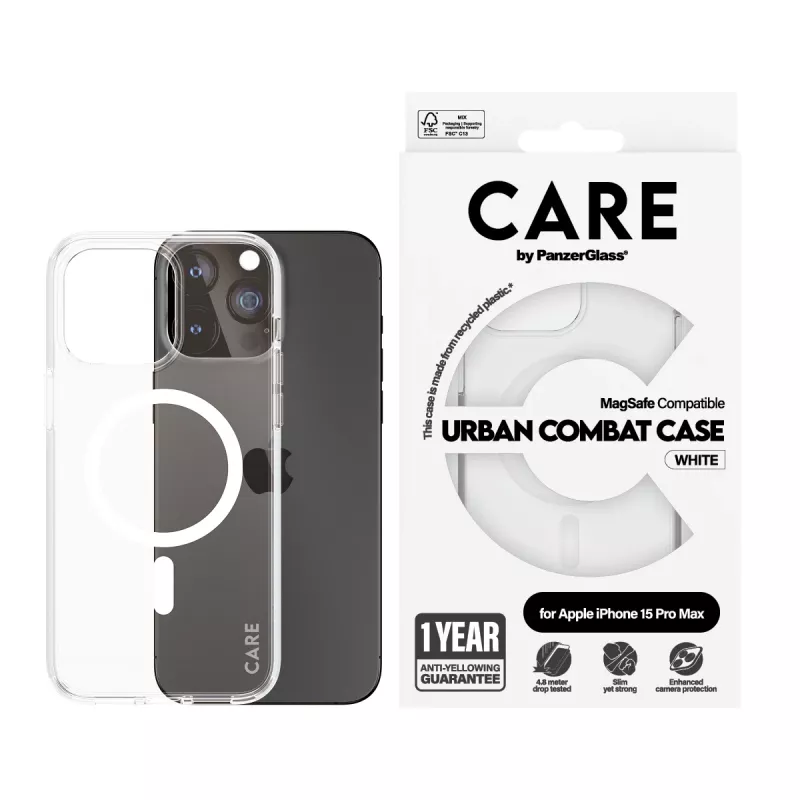 Capa PanzerGlass CARE™ by ® Urban Combat transparente c. MagSafe branco iPhone 15 Pro Max
