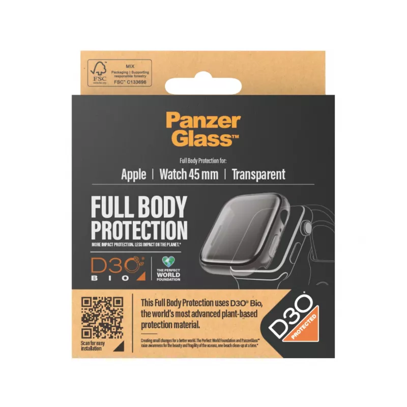 Capa integral PanzerGlass ® transparente com D3O® Apple Watch Series 9 | 45mm