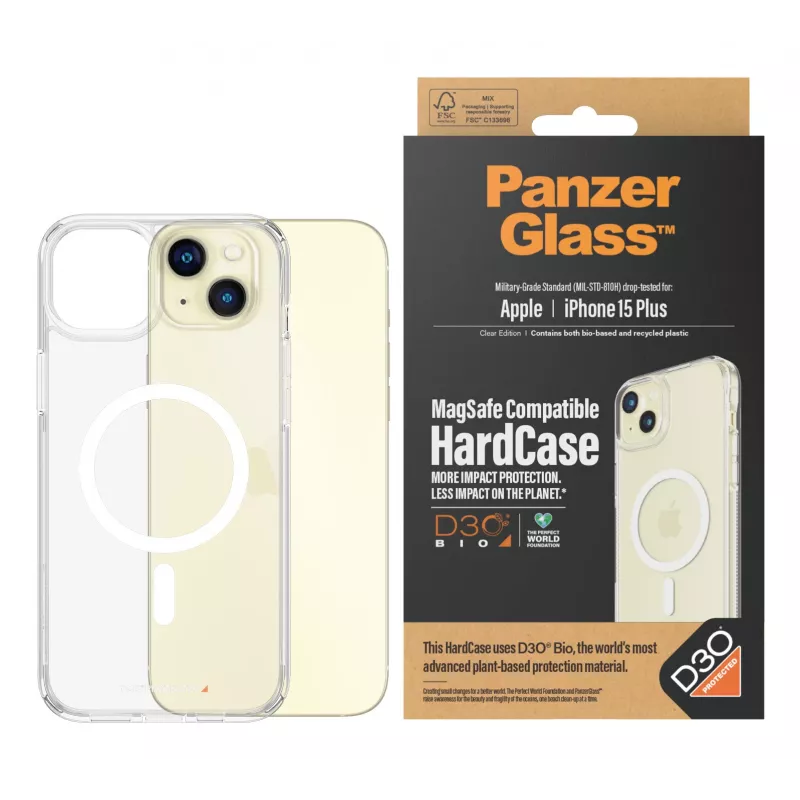 Capa de proteção rígida MagSafe capa para telemóvel PanzerGlass para iPhone 15 Plus — plástico reciclado transparente, compatível com ecrã de 6,69 polegadas