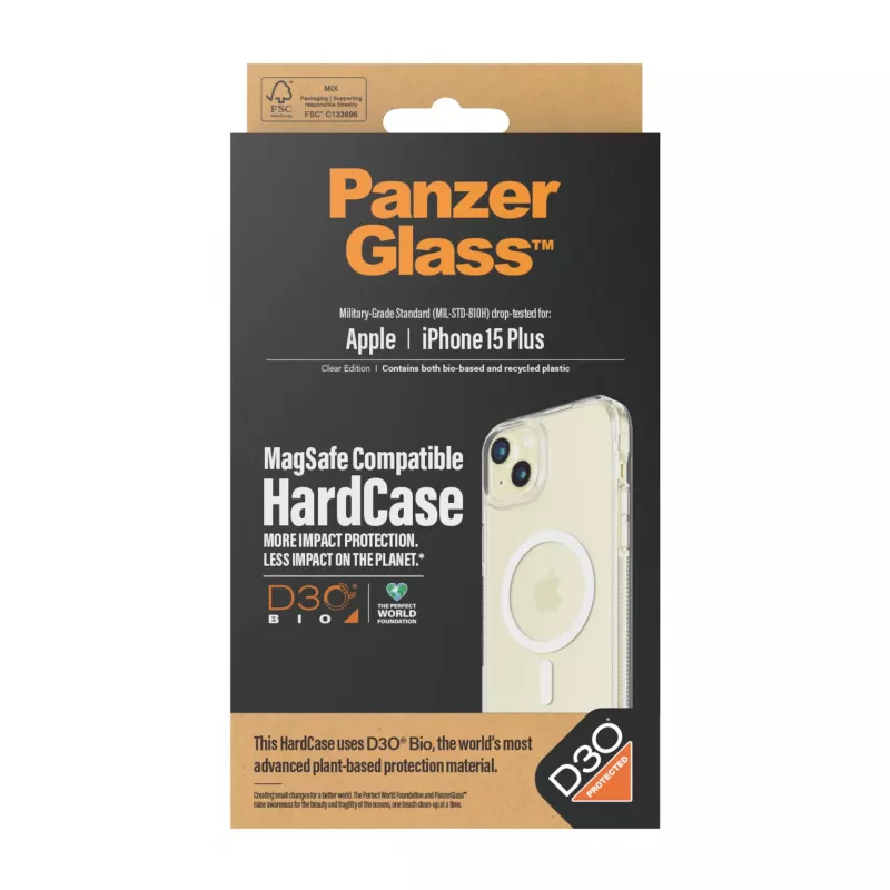 Capa de proteção rígida MagSafe capa para telemóvel PanzerGlass para iPhone 15 Plus — plástico reciclado transparente, compatível com ecrã de 6,69 polegadas