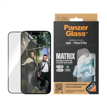 Película protetora de ecrã PanzerGlass ® ECO MATRIX com D3O® iPhone 15 Plus | Ultra-Wide Fit com AlignerKit