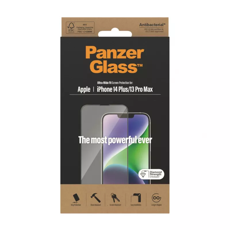 Película de ecrã PanzerGlass Apple iPhone 14 Plus 13 Pro Max Ultra-Wide Fit resistente a riscos e choques
