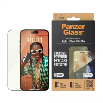 Película protetora de ecrã PanzerGlass ® EyeCARE™ iPhone 15 Pro Max | Ultra-Wide Fit com EasyAligner