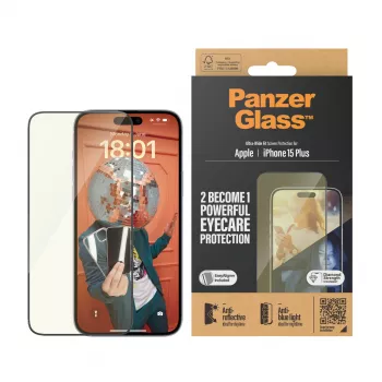 Vidro protetor de ecrã PanzerGlass Eyecare para iPhone 15 Plus — Ultra-Wide Fit, resistente a choques, aplicação a seco