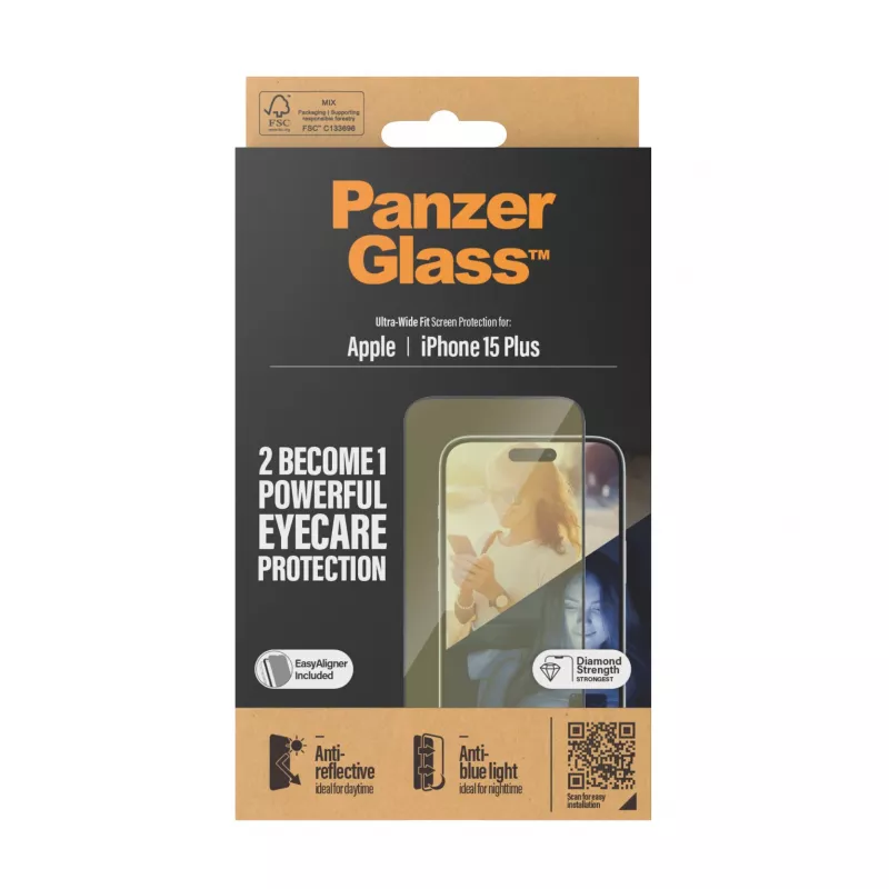 Vidro protetor de ecrã PanzerGlass Eyecare para iPhone 15 Plus — Ultra-Wide Fit, resistente a choques, aplicação a seco