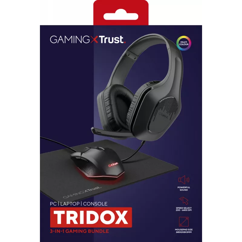 Trust GXT 790 Tridox Pack gaming 3-in-1 (auscultadores, rato, tapete de rato), preto