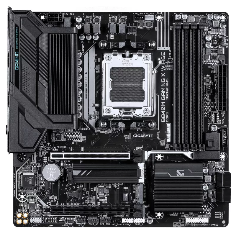 Placa-mãe GIGABYTE B840M GAMING X WIFI6E - CPUs AMD Ryzen 9000, VRM 8+2+2 fases, até 8200MHz DDR5(O.C), 2xPCIe 4.0 M.2, Wi-Fi 6E, LAN 2.5GbE, USB 3.2 Gen 1