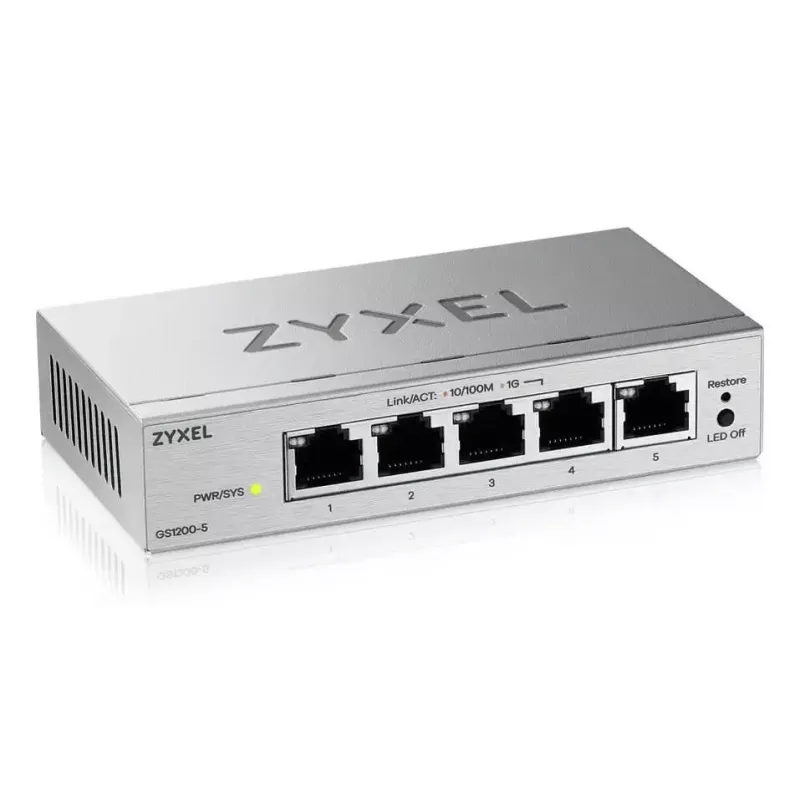 Switch de secretária Gigabit L2 gerido Zyxel GS1200-5V3 — 5 x RJ-45 10/100/1000, comutação 10 Gbps