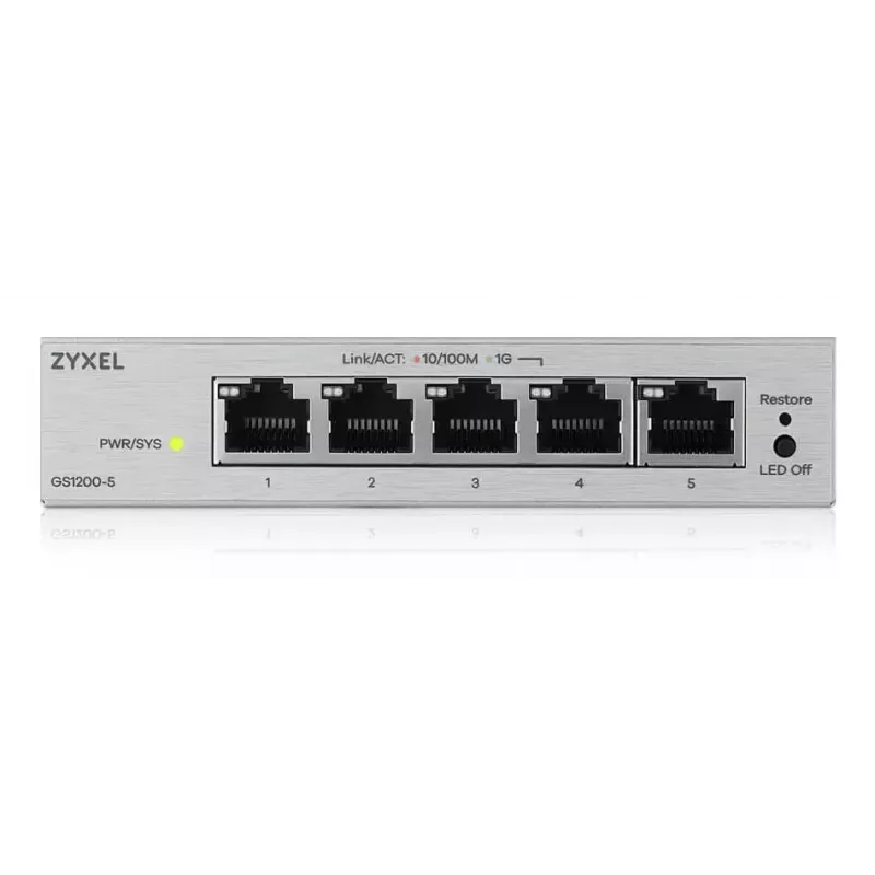 Switch de secretária Gigabit L2 gerido Zyxel GS1200-5V3 — 5 x RJ-45 10/100/1000, comutação 10 Gbps
