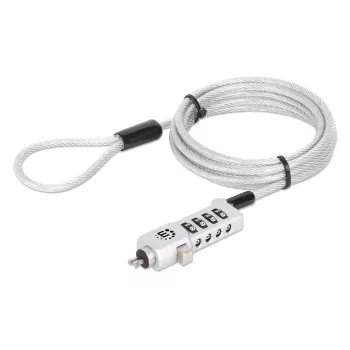 Manhattan Fechadura universal combinada para portátil para Noble Wedge®, Nano e K-Slot, fechadura antifurto 3-em-1 segura para portátil, combinação de 4 dígitos redefinível, 1,8 m, cabo de aço-carbono resistente ao corte, revestimento de PVC translúcido, prateado