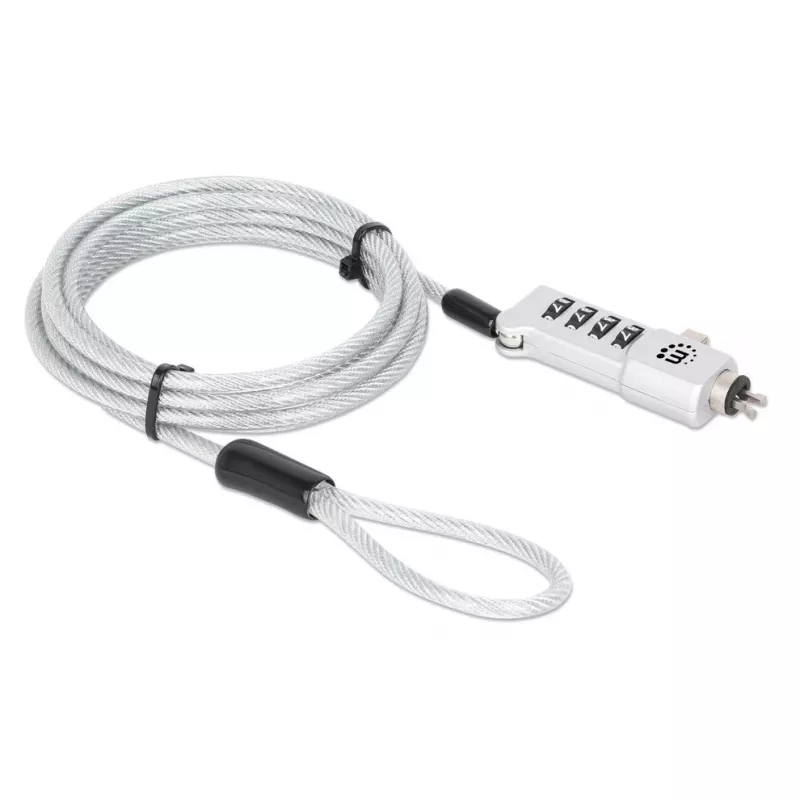 Manhattan Fechadura universal combinada para portátil para Noble Wedge®, Nano e K-Slot, fechadura antifurto 3-em-1 segura para portátil, combinação de 4 dígitos redefinível, 1,8 m, cabo de aço-carbono resistente ao corte, revestimento de PVC translúcido, prateado